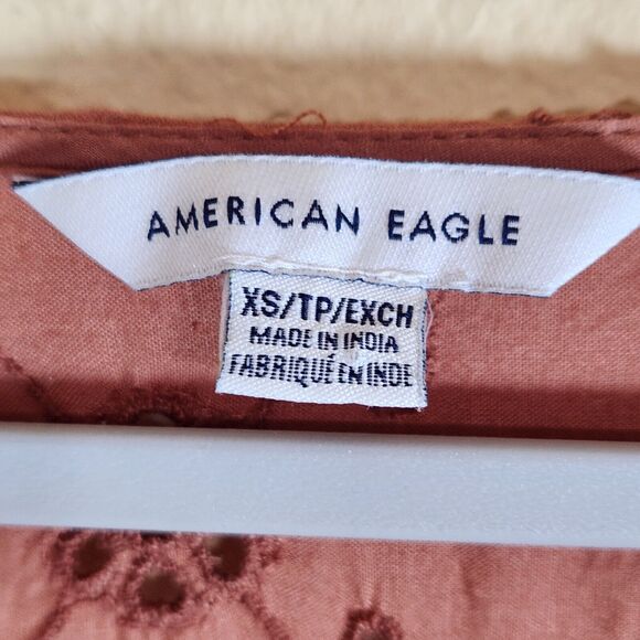 American Eagle XS Light Boho Blouse tassel tiered eyelets Floral Hippie Peplum - Picture 2 of 9